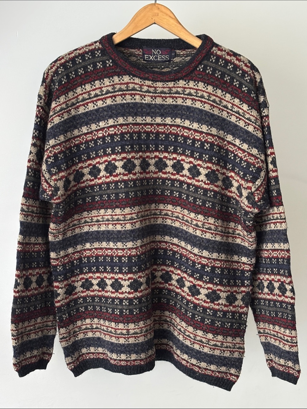 Fair Isle Nordic Wool Sweater Men’s Navy Red Beige Size L